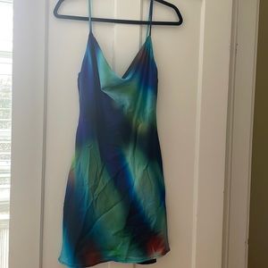 Cowl neck silk holographic mini dress